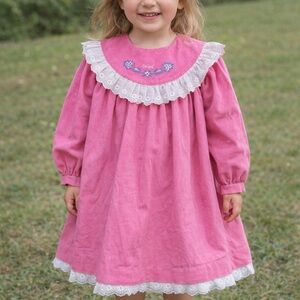 Vintage OshKosh B'gosh pink corduroy dress with a white scalloped eyelet collar